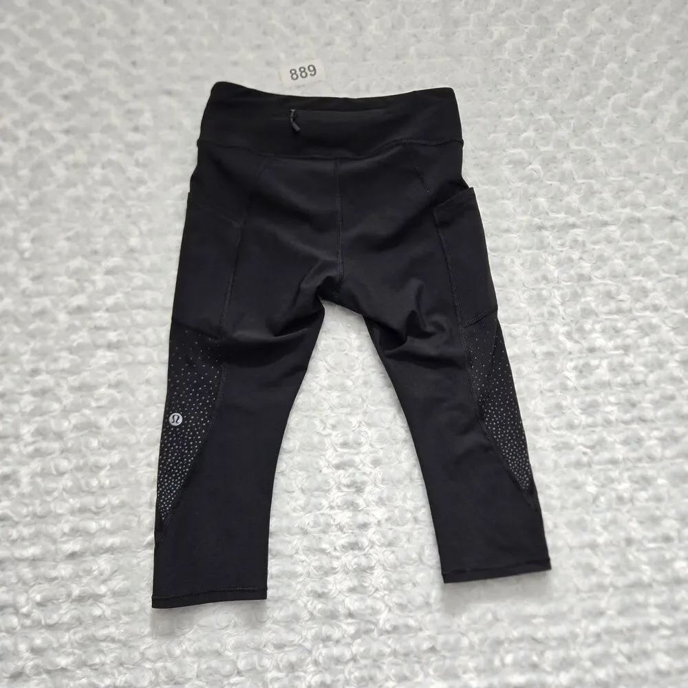 Lululemon Speed Up Crop Leggings Womens 6 Black Dot Panels Zipper Pocket